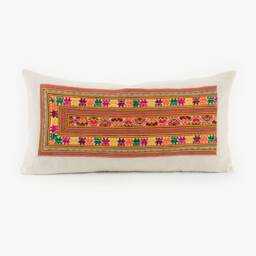 Hill Tribe Textile Lumbar Pillow Cushion Handwoven Tribal Fabric Striped Orange Embroidered Hemp #idpa - thumbnail 1
