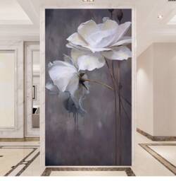 Grey Lotus Floral Wallpaper Mural Elegant Oil Painting Wall Decor - thumbnail 1