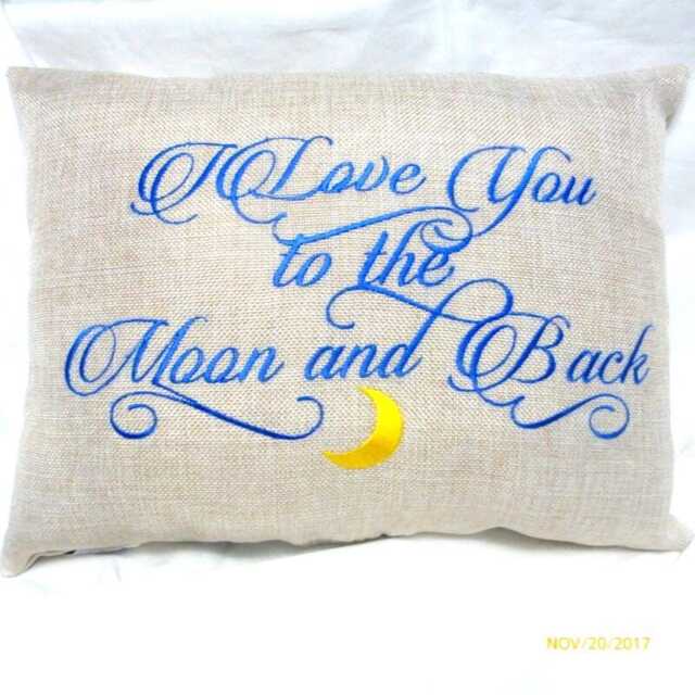 Embroidered Burlap Pillow With Love You To The Moon & Back - image 1