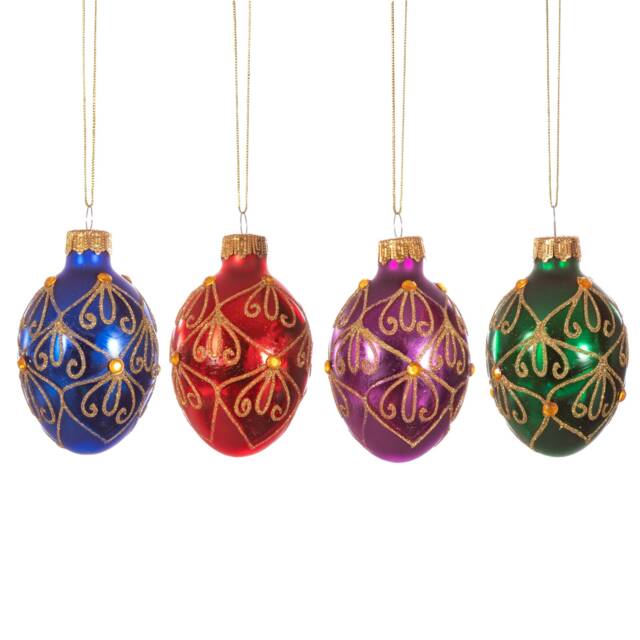 Egg Shaped Glass Christmas Tree Decorations - Set Of 4 - Metallic Blue Green Red Purple Opulent Faberg?? Classy Traditional Pattern Gift