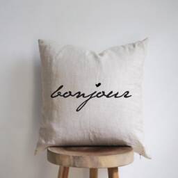 Hand-Drawn Linen Pillow Cover Bonjour Accent Cushion - thumbnail 1