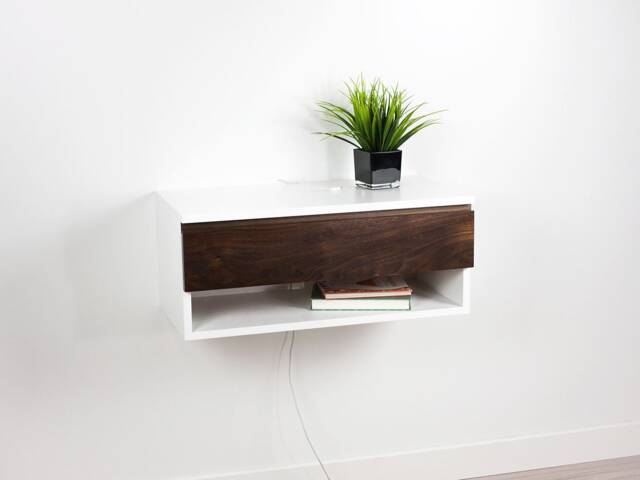 Blanca Walnut Floating Nightstand, Lacquer Coating High End Finish Wall Mount Dressing Table, Bedside Table With Drawer & Shelf - image 1