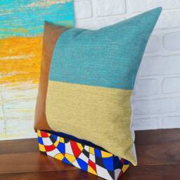 Color Block Faux Leather Pillow Cover Camel, Blue, Yellow - 18x18'' - thumbnail 3