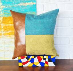 Color Block Faux Leather Pillow Cover Camel, Blue, Yellow - 18x18'' - thumbnail 1