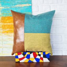Color Block Faux Leather Pillow Cover Camel, Blue, Yellow - 18x18'' - thumbnail 2