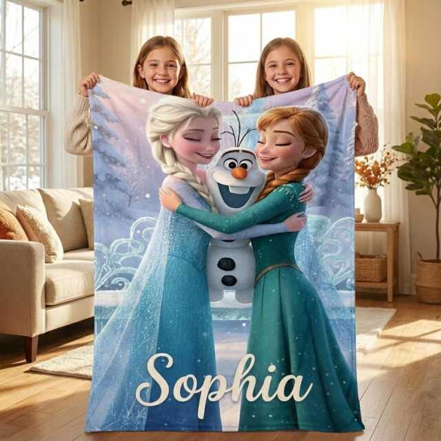 Frozen Sisters Elsa & Anna Blanket With Olaf, Snow Queen Throw, Winter Princess Gift, Christmas Birthday Kids - image 1