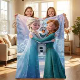 Frozen Sisters Elsa & Anna Blanket With Olaf, Snow Queen Throw, Winter Princess Gift, Christmas Birthday Kids - thumbnail 2