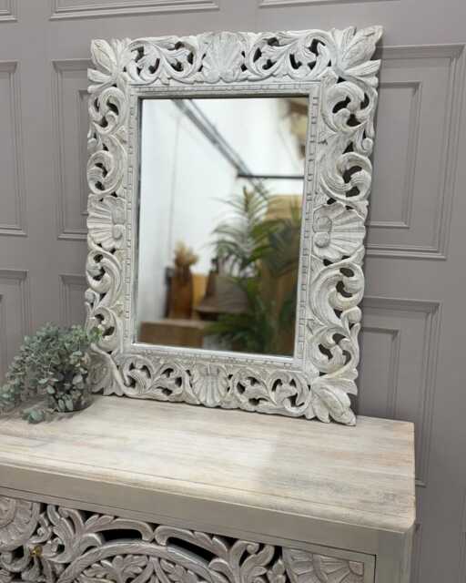 Hand-Carved Mango Wood Mirror - Whitewashed Floral Openwork Frame - image 1