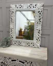 Hand-Carved Mango Wood Mirror - Whitewashed Floral Openwork Frame - thumbnail 1