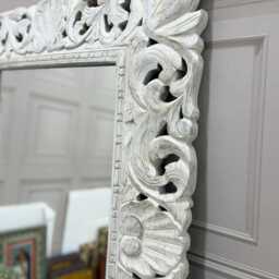 Hand-Carved Mango Wood Mirror - Whitewashed Floral Openwork Frame - thumbnail 2