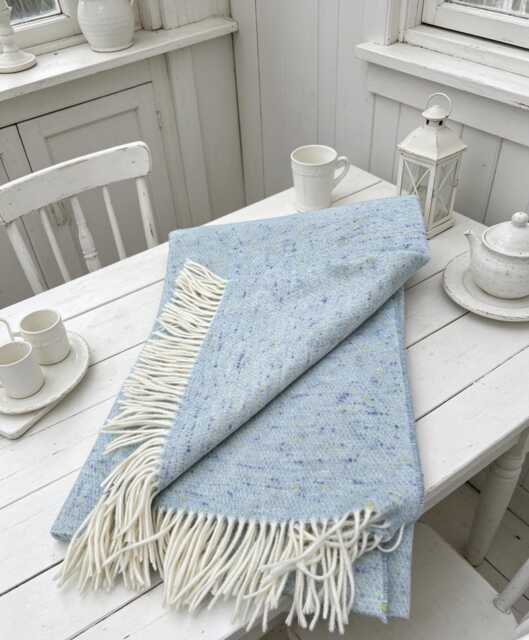 Blanket/Throw, 100% Pure New Wool, Soft Sky Blue, With Fringed Edge 140x185cms - image 1
