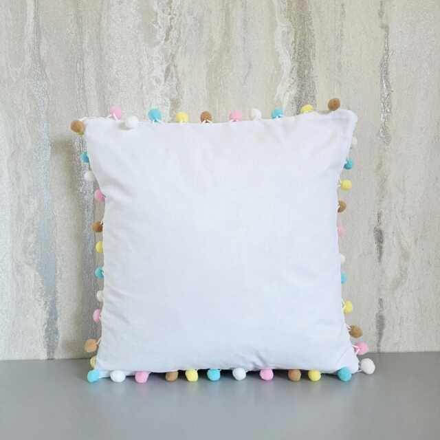 Pastel Pompom Cushion~Multi Coloured Pom Pillow~Livingroom Decor~Nursery Decoration~White Cushion~Princess Bedroom~Unicorn Bedroom - image 1
