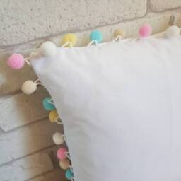 Pastel Pompom Cushion~Multi Coloured Pom Pillow~Livingroom Decor~Nursery Decoration~White Cushion~Princess Bedroom~Unicorn Bedroom - thumbnail 3