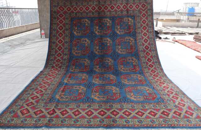 7x10 Ft Blue Afghan Rug, Turkmen Handmade Veg Dyes Soft Wool Area Oriental Tribal Bukhara Large Bedroom Living Room Rug - image 1