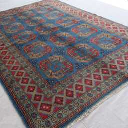 7x10 Ft Blue Afghan Rug, Turkmen Handmade Veg Dyes Soft Wool Area Oriental Tribal Bukhara Large Bedroom Living Room Rug - thumbnail 2