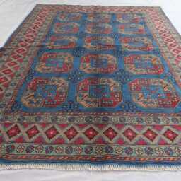7x10 Ft Blue Afghan Rug, Turkmen Handmade Veg Dyes Soft Wool Area Oriental Tribal Bukhara Large Bedroom Living Room Rug - thumbnail 3