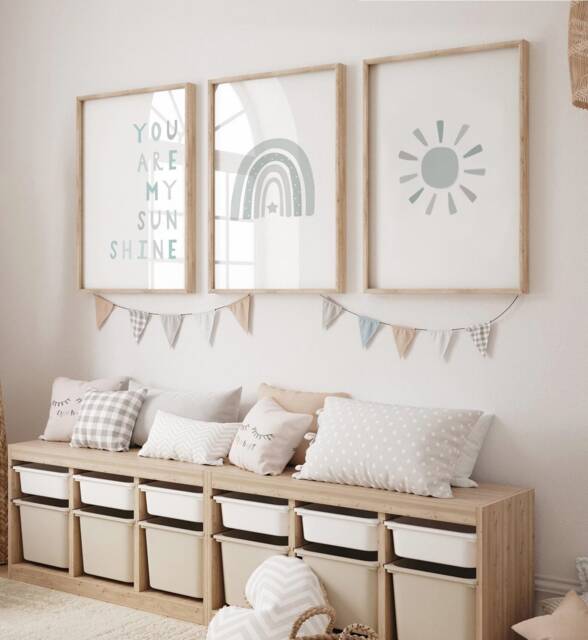 Gender Neutral Sage Green Nursery Prints - Set Of 3, You Are My Sunshine, Rainbow Cloud, Baby Girl Print, Prints, Wall Art, Boy - image 1
