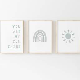 Gender Neutral Sage Green Nursery Prints - Set Of 3, You Are My Sunshine, Rainbow Cloud, Baby Girl Print, Prints, Wall Art, Boy - thumbnail 2