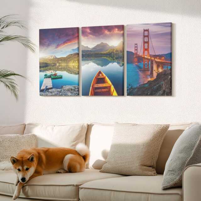Canvas Set Of 3 Wall Art - Mountain Views With Lakes, Boats & A Bridge, Purple Art, Landscapes Hanging Piece - image 1