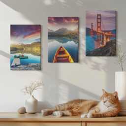 Canvas Set Of 3 Wall Art - Mountain Views With Lakes, Boats & A Bridge, Purple Art, Landscapes Hanging Piece - thumbnail 3