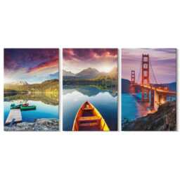 Canvas Set Of 3 Wall Art - Mountain Views With Lakes, Boats & A Bridge, Purple Art, Landscapes Hanging Piece - thumbnail 2