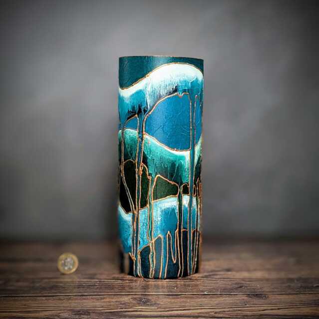 Zen Green Blue Tall Modern Vase Painted Cylinder Glass Unique Design Gift Idea Friend Home Lounge Textured Tranquil Decor 25 cm - image 1