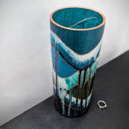 Zen Green Blue Tall Modern Vase Painted Cylinder Glass Unique Design Gift Idea Friend Home Lounge Textured Tranquil Decor 25 cm - thumbnail 3
