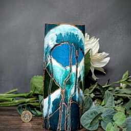 Zen Green Blue Tall Modern Vase Painted Cylinder Glass Unique Design Gift Idea Friend Home Lounge Textured Tranquil Decor 25 cm - thumbnail 2
