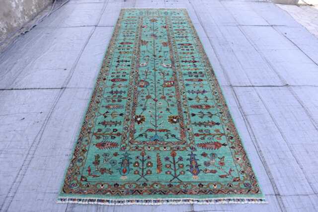 4'4x12'6 Ft Turquoise Afghan Runner Rug - Hand Knotted Wool Turkmen Geometric Oriental Hallway Runner- Wide Entry Way - image 1