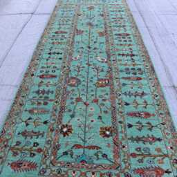 4'4x12'6 Ft Turquoise Afghan Runner Rug - Hand Knotted Wool Turkmen Geometric Oriental Hallway Runner- Wide Entry Way - thumbnail 3