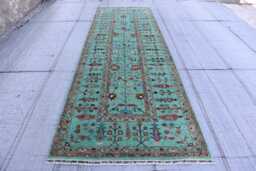 4'4x12'6 Ft Turquoise Afghan Runner Rug - Hand Knotted Wool Turkmen Geometric Oriental Hallway Runner- Wide Entry Way - thumbnail 1