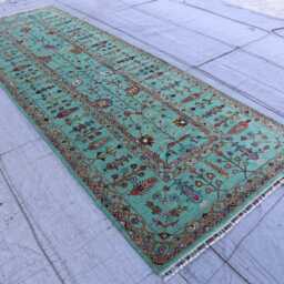 4'4x12'6 Ft Turquoise Afghan Runner Rug - Hand Knotted Wool Turkmen Geometric Oriental Hallway Runner- Wide Entry Way - thumbnail 2