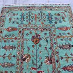 4'4x12'6 Ft Turquoise Afghan Runner Rug - Hand Knotted Wool Turkmen Geometric Oriental Hallway Runner- Wide Entry Way - thumbnail 4
