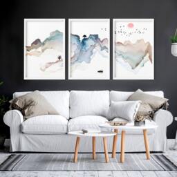 Watercolor Minimal Landscape Mountain Set Of 3 Prints, Living Room Wall Decor, Above The Bed Art, Home Office Decor Wall Hangings - thumbnail 1