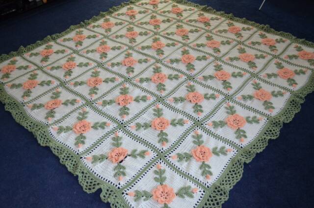 Crocheted Peach Rose Afghan Handmade Floral Blanket Throw - image 1