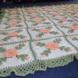 Crocheted Peach Rose Afghan Handmade Floral Blanket Throw - thumbnail 3