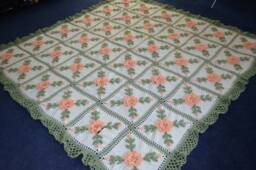 Crocheted Peach Rose Afghan Handmade Floral Blanket Throw - thumbnail 1