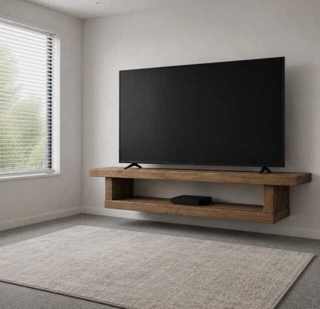 Large Rustic Solid Wood Floating Tv Stand - Handmade Wall Mounted Media Shelf - 40 - image 1