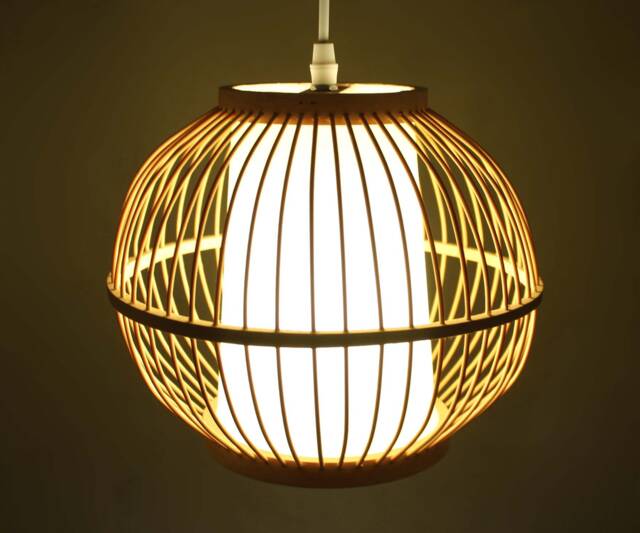 Round Bamboo Pendant Light Parchment Lampshade, Natural Color & White - image 1