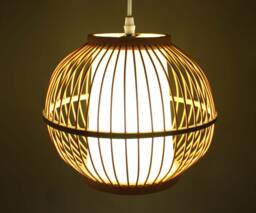 Round Bamboo Pendant Light Parchment Lampshade, Natural Color & White - thumbnail 1