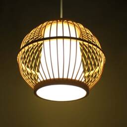 Round Bamboo Pendant Light Parchment Lampshade, Natural Color & White - thumbnail 2
