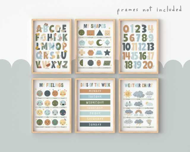 Set Of 6 Educational Prints in Green & Blue, Feelings Chart, Weather Print, Alphabet Numbers, Playroom Classroom Decor, Kids Wall Art - image 1