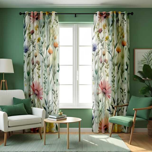 Floral Botanical Curtains, Watercolor Nature Print Drapes, Custom Made Window Panels For Modern Calm Home Interiors - image 1