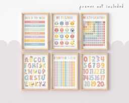 Set Of 6 Educational Prints in Pastel, Feelings Chart, Shapes Print, Counting To 100, Alphabet & Numbers, Playroom Classroom Decor - thumbnail 1