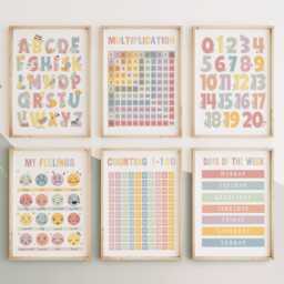 Set Of 6 Educational Prints in Pastel, Feelings Chart, Shapes Print, Counting To 100, Alphabet & Numbers, Playroom Classroom Decor - thumbnail 2