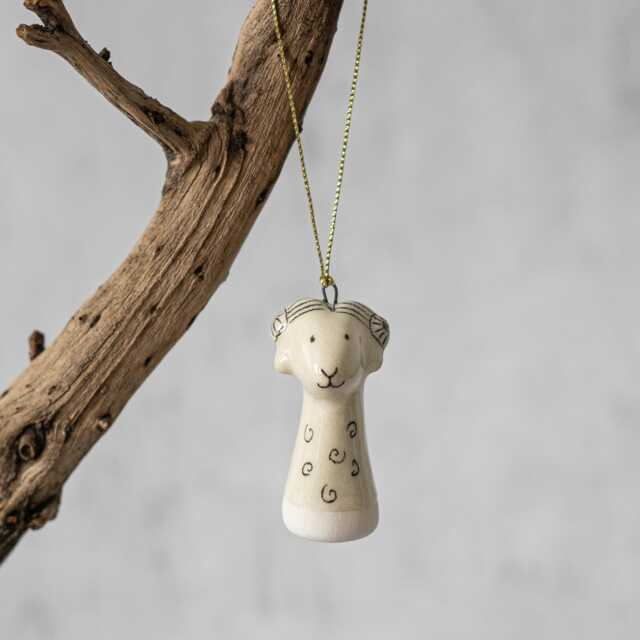 Ceramic Sheep Christmas Ornament Hand-Drawn White Tree Decoration, Handmade Animal Figurine - image 1
