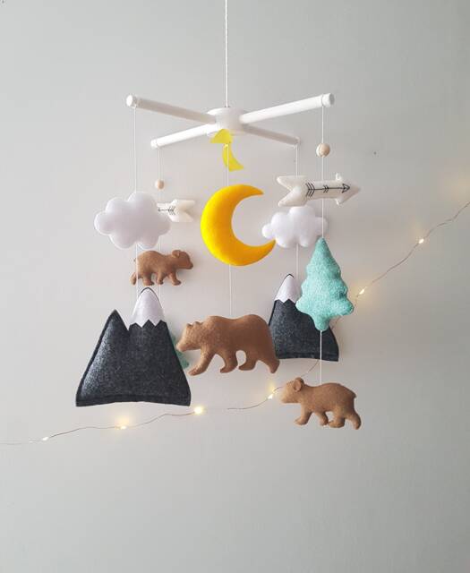 Woodland Baby Mobile - Forest Animals, Moon, Mountains, Handmade Nursery Decor - image 1