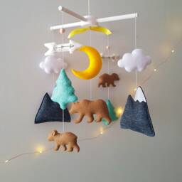 Woodland Baby Mobile - Forest Animals, Moon, Mountains, Handmade Nursery Decor - thumbnail 3