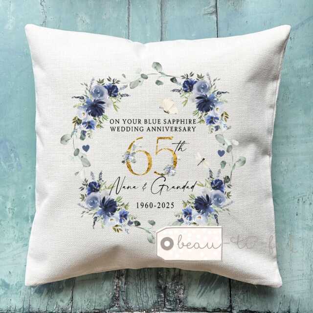 Personalised Blue Sapphire Wedding Anniversary Cushion, Anniversary, Gift 65Th 65 Anniversary Cushion - image 1