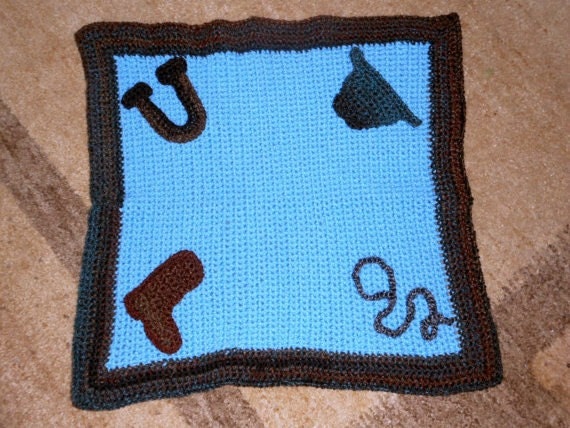 Rustic Crochet Cowboy Cowgirl Baby Blanket Nursery Wall Decor Handmade Blue Rust Red Brown Denim Lap Play Boot Lasso Hat Horseshoe - image 1